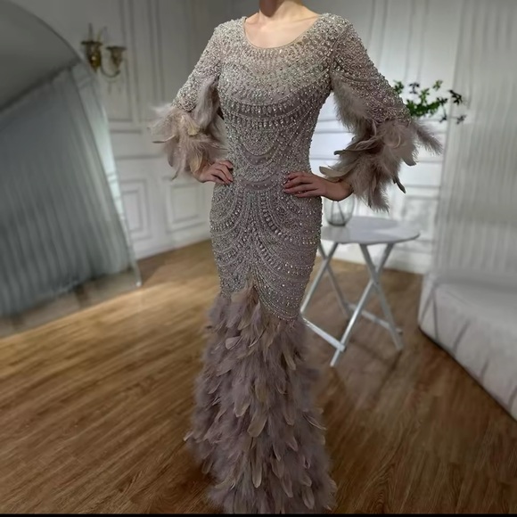 Modest Muslim Women's Embellished Cape Evening Dress - G714 Beige